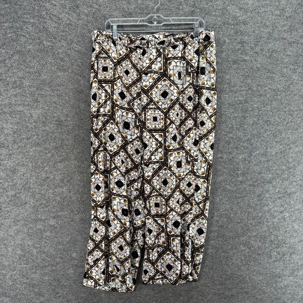Lili Pants Women 1X Plus White Geometric High Rise Flat Front Wide Leg Rayon